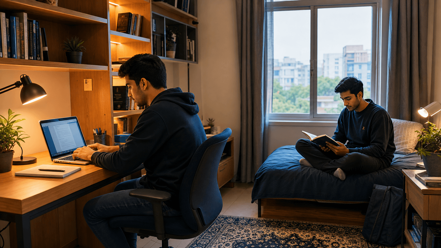 Students studying in a comfortable HostelSpace room