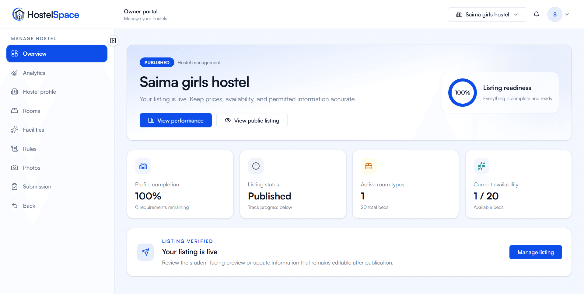 HostelSpace owner portal for managing a hostel listing